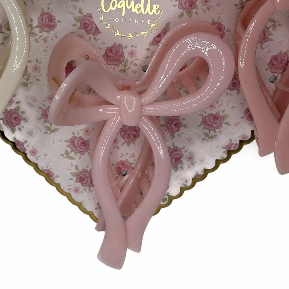 Coquette Couture Ribbon Bow Design Hair Claw Clips Pink White Set of 3
